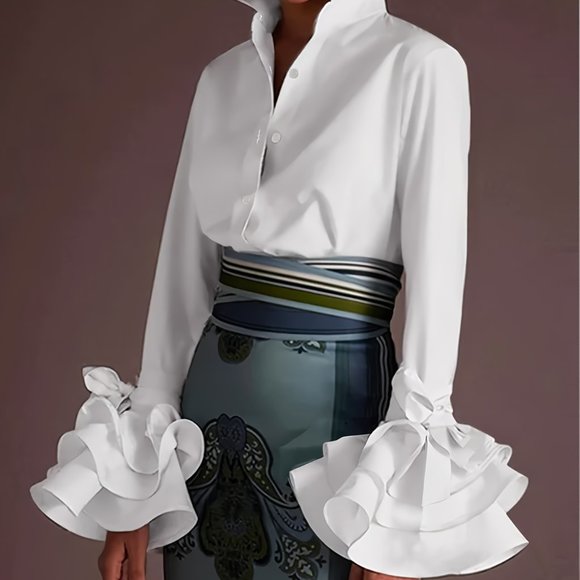 Elegant Layered Ruffle Sleeve Button Up Turn Down Collar Blouse - Picture 4 of 9